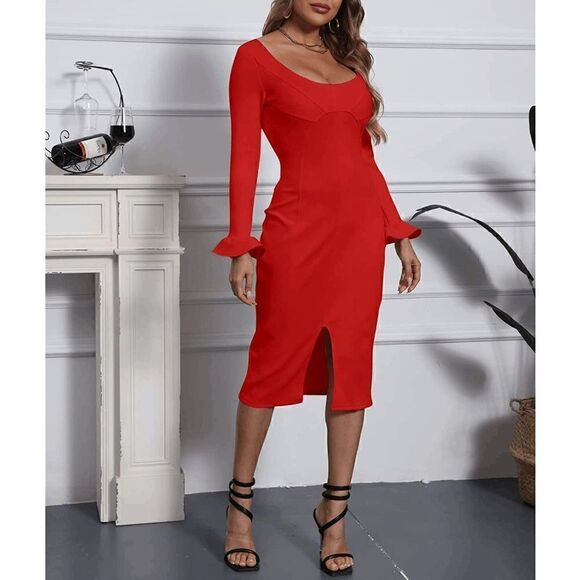 ❤️ Long Ruffle Sleeve Front Slit Bodycon Boat Neck Party Midi Red Dress M NEW - Picture 5 of 17